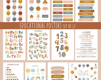 Set of 12 -Educational Posters Set For Playroom - Classroom Poster Homeschool Print Back to School Kids Educational Wall Art Calming Corner