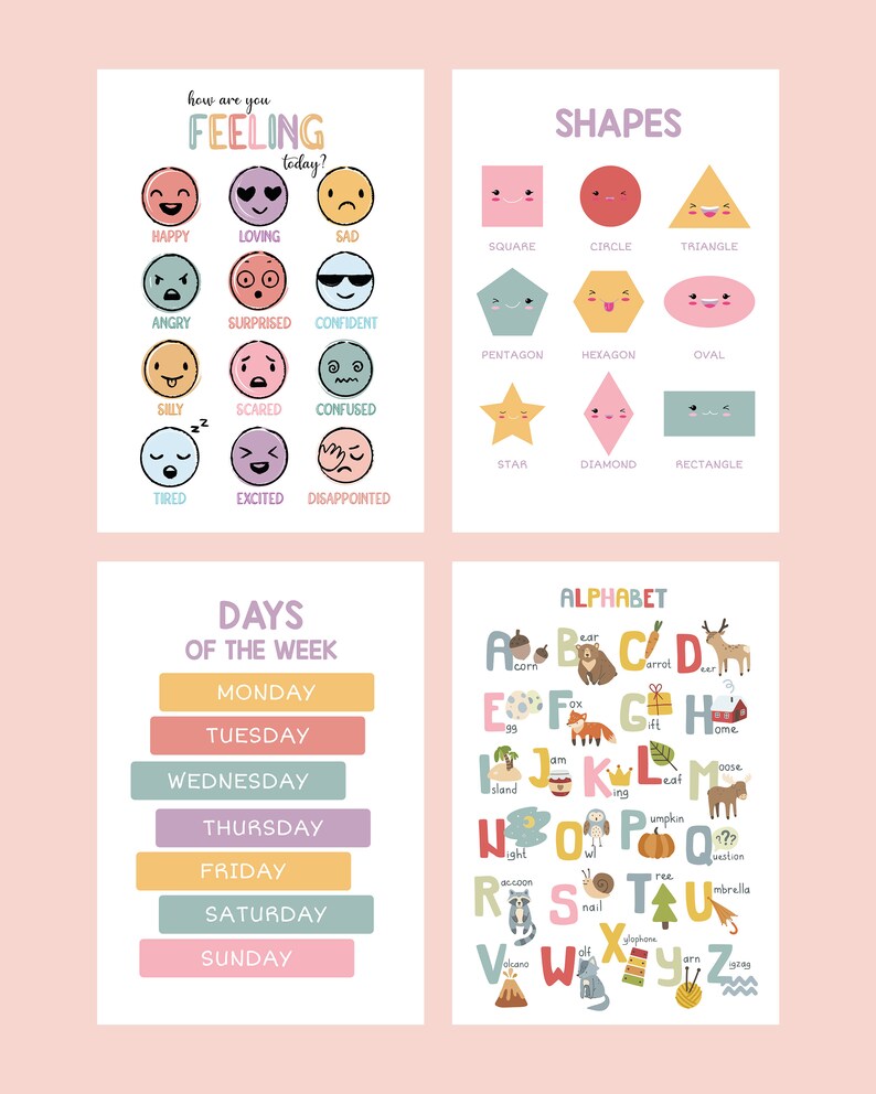 May include: Four educational posters with a light pink background. The posters display the alphabet, shapes, days of the week, and feelings. The alphabet poster has illustrated letters. The shapes poster shows various shapes. The feelings poster has emoji faces.