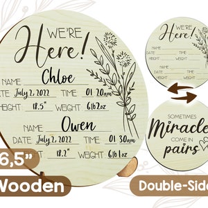 Twin Birth Stats Card Twin Announcement Photo Prop Plaque Newborn Hospital Sign Welcome Baby Birth Stat Card Hello World Twins Gift image 1