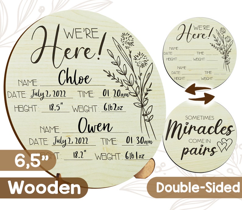 Twin Birth Stats Card Twin Announcement Photo Prop Plaque Newborn Hospital Sign Welcome Baby Birth Stat Card Hello World Twins Gift image 1