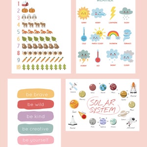 May include: Four educational posters with colorful illustrations. One poster teaches counting to ten with images of pumpkins, owls, foxes, and trees. Another shows weather conditions like sunny, rainy, and snowy. A third poster has inspirational phrases. The last poster illustrates the solar system.