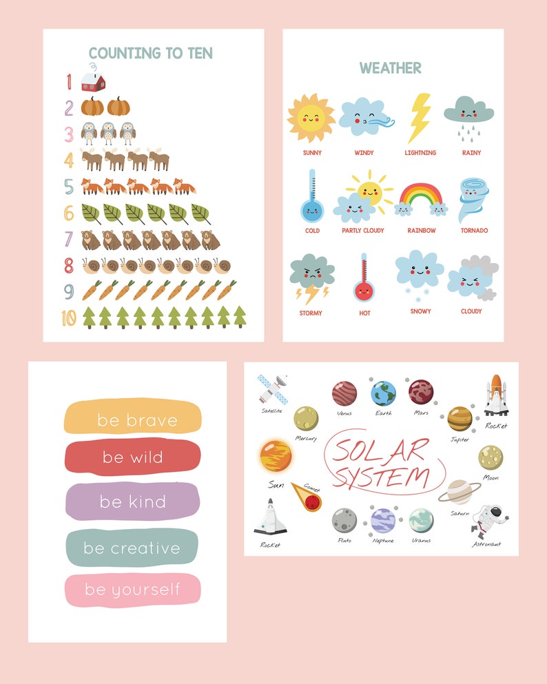 May include: Four educational posters with colorful illustrations. One poster teaches counting to ten with images of pumpkins, owls, foxes, and trees. Another shows weather conditions like sunny, rainy, and snowy. A third poster has inspirational phrases. The last poster illustrates the solar system.