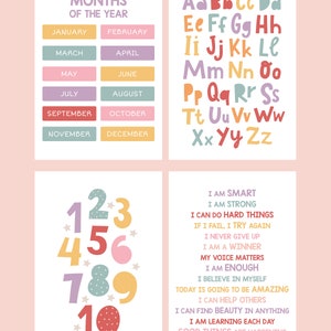 May include: Four educational posters with colorful designs. One poster displays the months of the year. Another shows the alphabet in uppercase letters. A third poster features numbers 1-10. The last poster has positive affirmations.