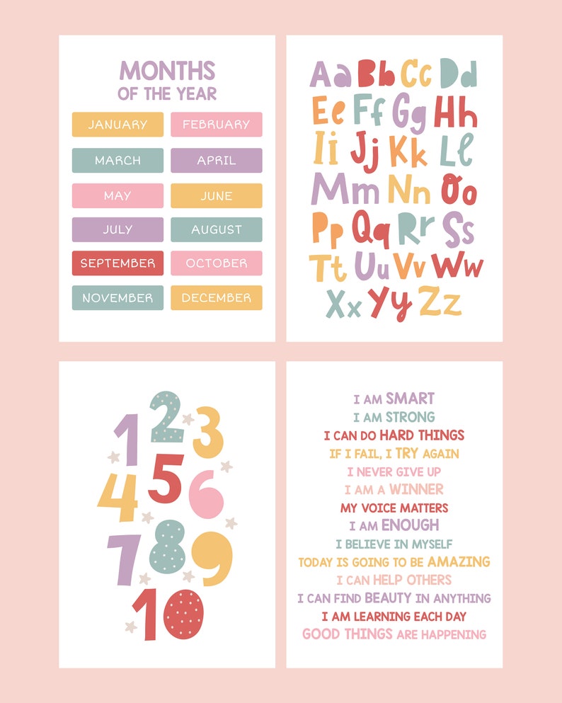 May include: Four educational posters with colorful designs. One poster displays the months of the year. Another shows the alphabet in uppercase letters. A third poster features numbers 1-10. The last poster has positive affirmations.