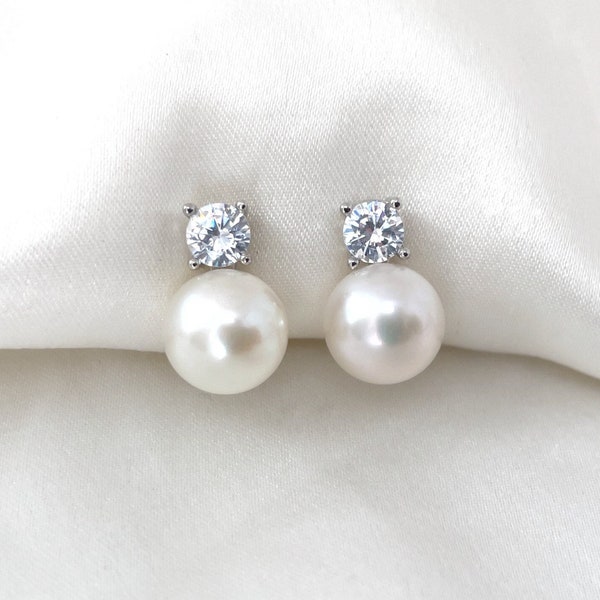 Freshwater pearl clip on earrings, White Purple pearl CZ clip on earrings, Bridal clip on earrings, Wedding clip on earrings