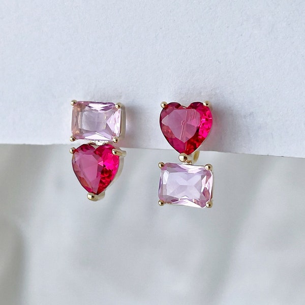 Mismatched heart and rectangle shape CZ crystal clip on studs, Sparkling pink heart CZ clip on earrings