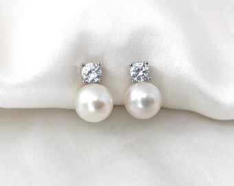 Freshwater pearl clip on earrings, White Purple pearl CZ clip on earrings, Bridal clip on earrings, Wedding clip on earrings