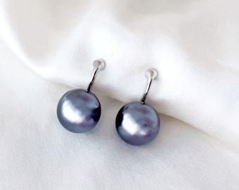 Grey pearl sliver drop clip on earrings, Grey pearl invisible clip on earrings