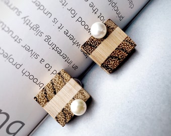 Handcrafted wood square earrings with embedded freshwater pearl, Geometric wood sterling silver stud earrings, Wood and pearl earrings