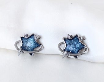 Blue star silver clip on earrings, Dainty twinkling blue star clip on studs, Invisible clip on earrings