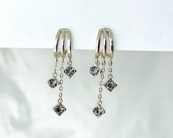 Silver triple hoop with CZ charm clip on earrings, CZ cascade hoop clip on earrings, Vintage silver claw with grey CZ clip on earrings