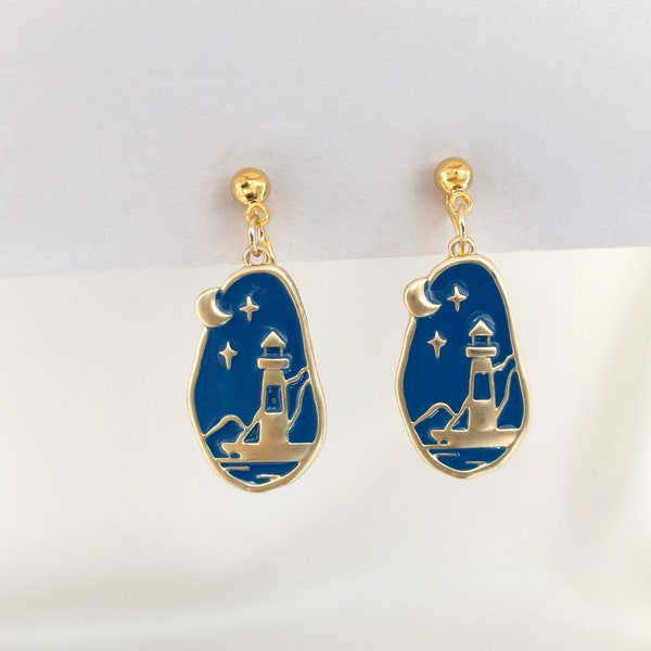 Lighthouse night sky clip on earrings, Lighthouse dangle clip on earrings, Blue gold lighthouse earrings