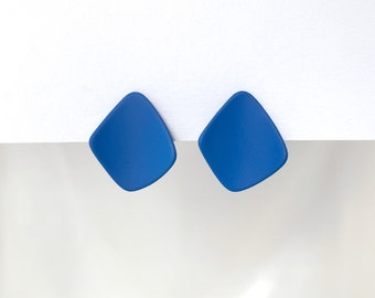 Blue statement clip on earrings, Curved diamond shape blue studs, Blue clip on stud earrings, Stylish minimalist earrings