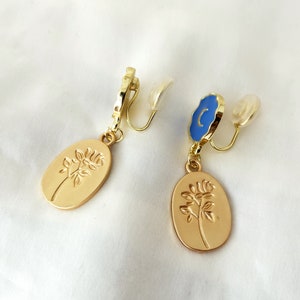 Moon and rose dangle clip on earrings, Blue moon and gold rose coin drop clip on earrings, Invisible clip on earrings image 6