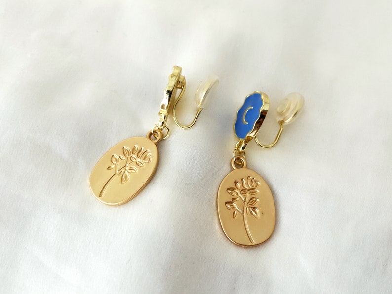 Moon and rose dangle clip on earrings, Blue moon and gold rose coin drop clip on earrings, Invisible clip on earrings image 6