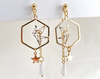 Origami crane clip on earrings, Gold hexagon hoop dangle clip on earrings, Comfortable spiral clip on earrings