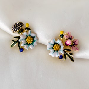 Mismatched wildflower bouquet clip on earrings, Enamel flower posy clip on earrings, Flower cluster clip on studs, Delicate floral studs