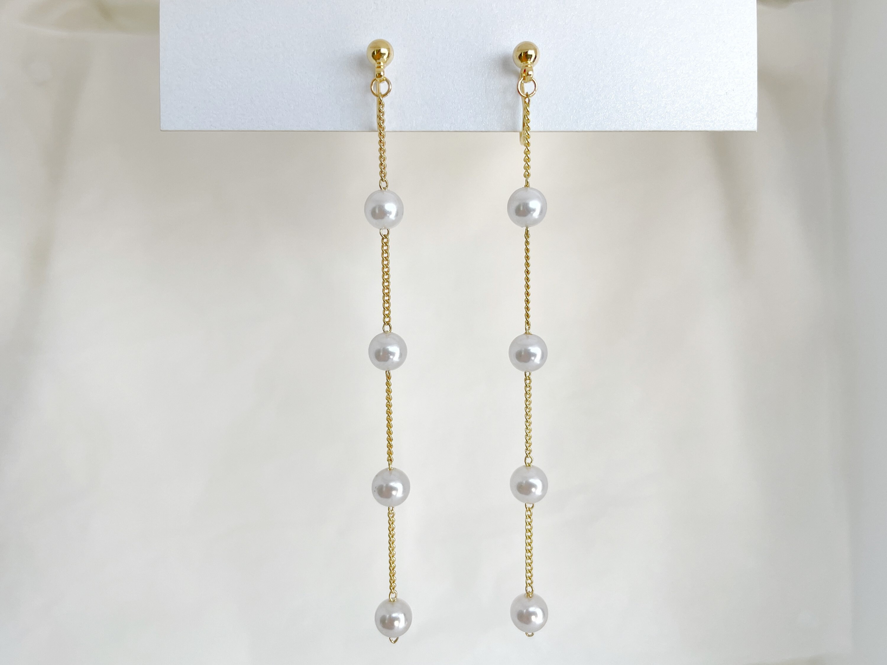 Pearl long chain clip on earrings Dainty pearl earrings Gold Etsy