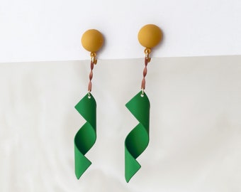 Mustard yellow & green dangle clip on earrings, Colourful geometric retro dangle drop clip on earrings, Invisible clip on earrings