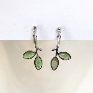 Green leaf clip on earrings, Aquamarine leaf drop clip ons, Sliver tree branch dangle clip on earrings