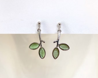 Green leaf clip on earrings, Aquamarine leaf drop clip ons, Sliver tree branch dangle clip on earrings