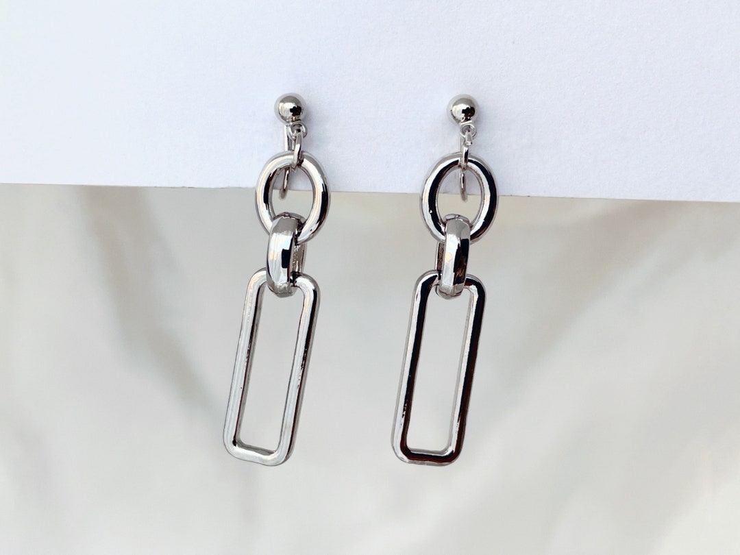 Silver Chunky Chain Dangle Clip on Earrings, Silver Link Chain Clip on