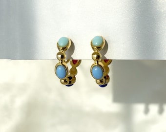 Blue ombre gold hoop clip on earrings, Retro blue and gold bead huggie hoop clip on earrings