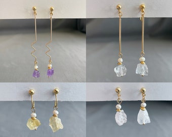 Gemstone clip on earrings, Natural raw crystal dangle earrings, Raw amethyst earrings, Raw crystal with freshwater pearl clip on earrings