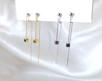 Double long chain gold sliver cube clip on earrings, Gold or silver cube dangle drop clip on earrings, Comfortable clip on earrings