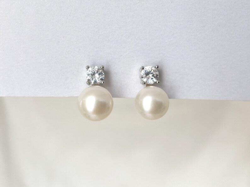 Freshwater pearl clip on earrings, White Purple pearl CZ clip on earrings, Bridal clip on earrings, Wedding clip on earrings image 4