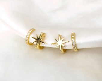 Gold/Silver star double huggie hoop clip on earrings, Sparkling CZ hoops clip on earrings