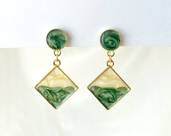 Green and white square drop dangle clip on earrings, Geometric clip on earrings