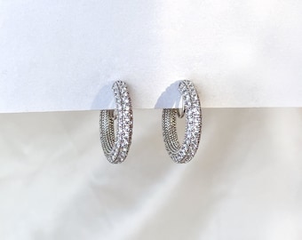 Silver CZ huggie hoop clip on earrings, 3 rows CZ pave hoops, Silver crystal hoop clip on earrings