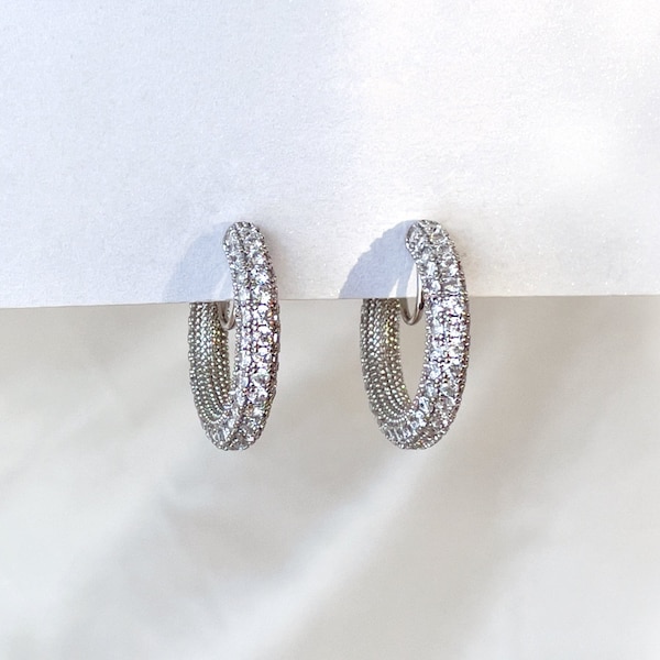 Silver CZ huggie hoop clip on earrings, 3 rows CZ pave hoops, Silver crystal hoop clip on earrings