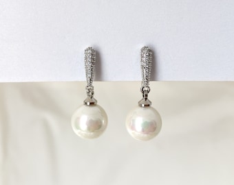 Pearl & CZ crystal dangle clip on earrings,  10mm pearl clip on earrings, Bridal clip on earrings, Wedding clip on earrings