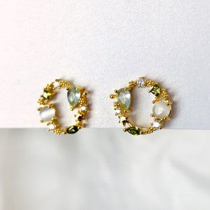 Gemstone wreath clip on earrings, Gold wreath clip on studs, CZ crystal green gemstone open circle clip on earrings