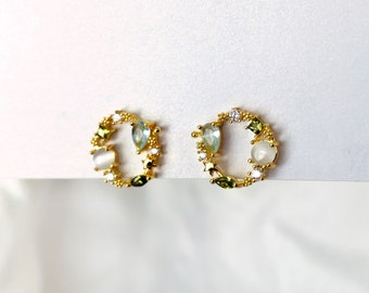 Gemstone wreath clip on earrings, Gold wreath clip on studs, CZ crystal green gemstone open circle clip on earrings