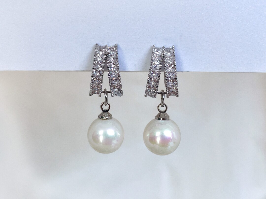 Pearl Dangle Clip on Earrings, CZ Crystal Earrings, 10mm Pearl Earrings