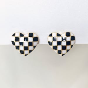 Checkered heart clip on studs, Black white checkerboard heart clip on earrings, Invisible clip on earrings
