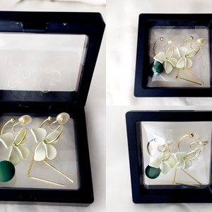 Mismatched white flower dangle clip on earrings with matte green ball and gold chains, invisible clip on earrings image 6