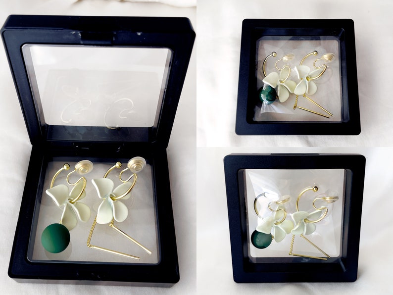 Mismatched white flower dangle clip on earrings with matte green ball and gold chains, invisible clip on earrings image 6