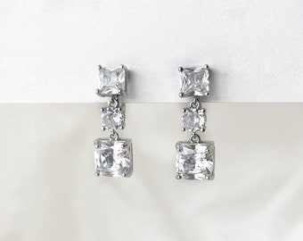 Square CZ crystals dangle clip on earrings, Dainty CZ square stones sliver clip on earrings