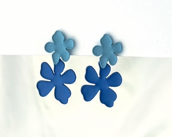 Dainty blue flower dangle clip on earrings, Matte blue flower drop clip on earrings, Light blue sky blue earrings