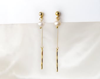 Genuine freshwater pearl threader long drop clip on earrings, White freshwater pearl with gold delicate chain dangle clip on earrings