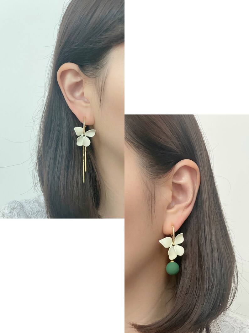 Mismatched white flower dangle clip on earrings with matte green ball and gold chains, invisible clip on earrings image 2