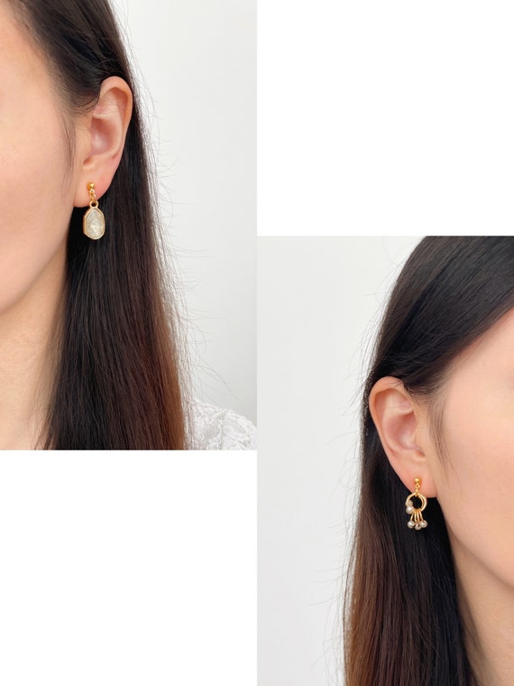 Mismatched pearls and sparkles clip on earrings Asymmetric dangle clip on earrings Dainty gold drop earrings Comfortable clip on earrings