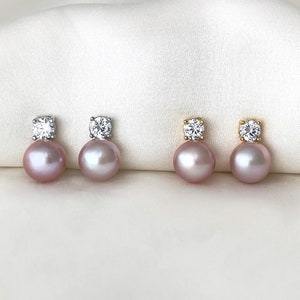 Freshwater pearl clip on earrings, White Purple pearl CZ clip on earrings, Bridal clip on earrings, Wedding clip on earrings image 6
