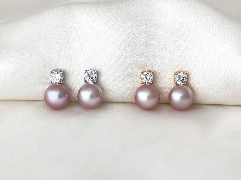 Freshwater pearl clip on earrings, White Purple pearl CZ clip on earrings, Bridal clip on earrings, Wedding clip on earrings image 6