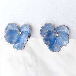 Hand painted blue flower clip on earrings, Statement blue sliver floral clip on earrings, Invisible clip on earrings