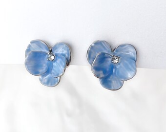 Hand painted blue flower clip on earrings, Statement blue sliver floral clip on earrings, Invisible clip on earrings